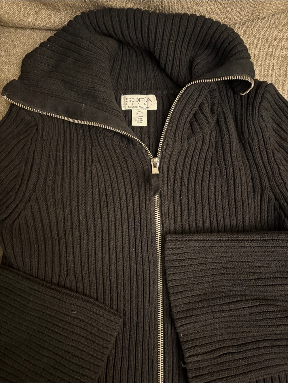 SOFIA by Sofia Vergara Women’s Black Ribbed Zip-Up Sweater Jacket